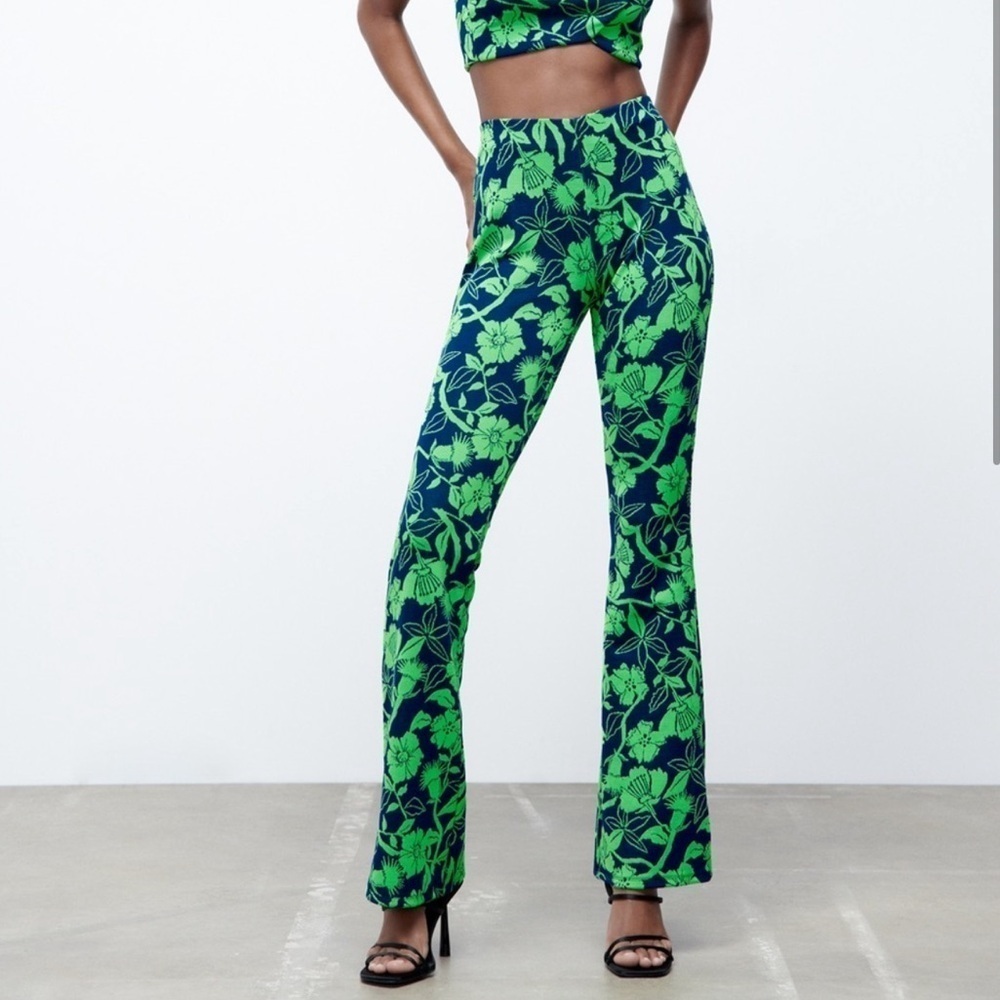 NWT Zara Jacquard Neon Floral Flare Pants